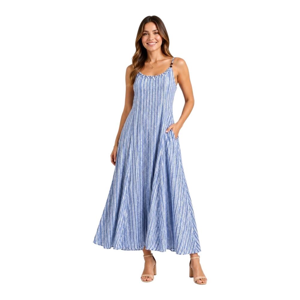 CALYPSO ST BARTH Women M Dress Midi Linen Blend Striped Beaded Spaghetti Straps
